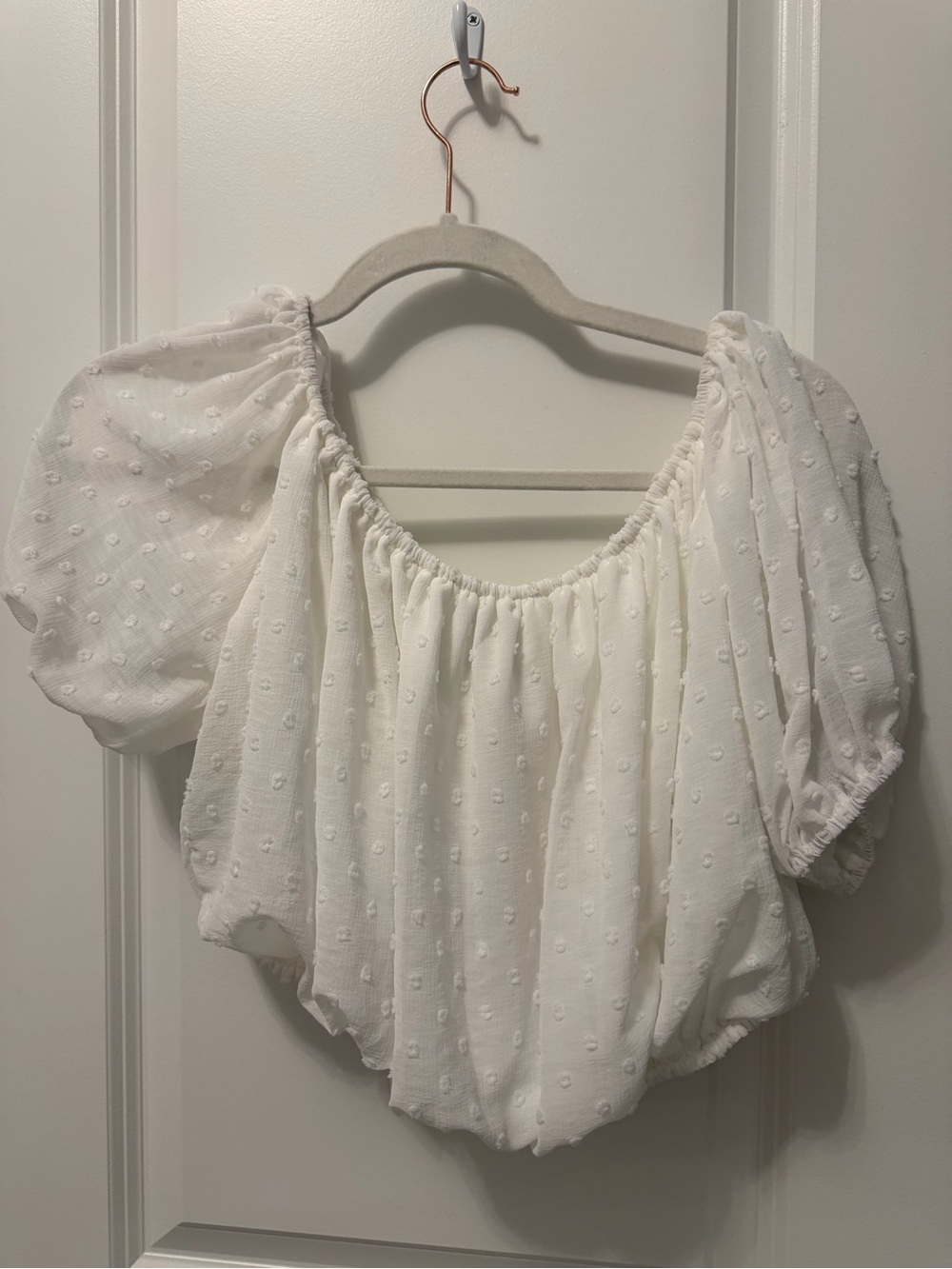 Sky White Swiss-Dot Puff Sleeve Crop Top
